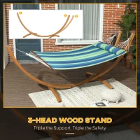 Outsunny Outdoor Hammock with Stand, Garden Hammock with Triple-Head Eucalyptus Wood Arc Frame, 1 Person Cotton Bed and Head Pillow, Freestanding Garden Swing Bed for Patio, Blue Stripe(m-4)
