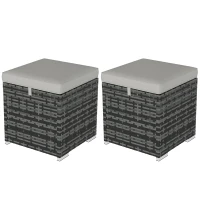 Outsunny Set aus 2 Hockern mit Stauraum aus PE-Rattan, Garten-Fußhocker mit Kissen 40 x 40 x 41 cm, Hellgrau(m-6)