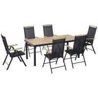 Outsunny Outdoor Gartenmöbelset 6 Personen, Aluminiumrahmen, 190 cm Tisch, 6 klappbare und verstellbare Stühle, Schwarz(m-6)