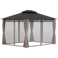 Outsunny Cenador de jardín con techo policarbonato 4 paredes laterales anti-UV mosquiteras 4x3 m(m-7)