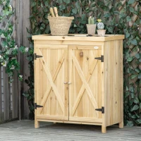 Outsunny Armario de Jardín, Armario de Almacenamiento de Jardín, Bandeja de Metal Galvanizado, Madera Maciza 80x45x92 cm Madera Natural(m-2)