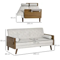 HOMCOM Schlafsofa mit 3 Plätzen im skandinavischen Design, verstellbarer Rückenlehne in 3 Positionen, klappbarem Tablett, 2 Kissen inklusive, schlanken Eukalyptusholzbeinen, Stoff aus Baumwolle und Polyester in Leinenoptik, Beige(m-3)