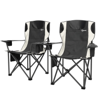 Outsunny Set van 2 Opvouwbare Campingstoelen met Armleuningen, Bekerhouder, Hoofdsteun, Koeltas Zwart