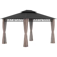 Outsunny Cenador de jardín con techo policarbonato 4 paredes laterales anti-UV mosquiteras 4x3 m(m-1)