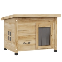 PawHut Casa para gatos nicho de exterior en madera elevada con techo de asfalto, ventana, 57x45x43 cm Amarillo