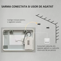 Kleankin Oglinda de Baie cu Lumina LED, Luminozitate Reglabila si Functie de Memorie, 70x50x3 cm, Transparent(m-9)
