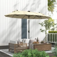 Outsunny Parasol Doble con Luces LED y Base en Cruz, en Poliéster y Acero, 295x150x219 cm, Blanco Crema(m-3)