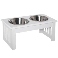 PawHut Podwyższony stojak na miski dla psów z podwójną miską dla psów i kotów - Stojak na miski o wymiarach 44D x 24S x 15W cm - 2 miski ze stali nierdzewnej o pojemności 0,9L w zestawie - biały(m-6)