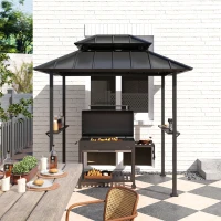 Outsunny Grillpavillon Grillabdeckung mit doppeltem Hartdach, 2 Regalen und oberem Haken, 244x184x258cm, Schwarz(m-4)