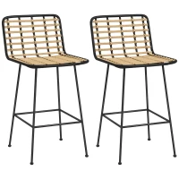 HOMCOM Conjunto de 2 taburetes de bar silla alta diseño bohemio Altura 66 cm con reposapiés acero Negro asiento mimbre PE(m-6)