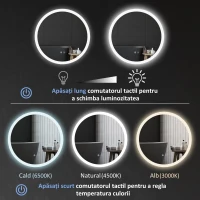kleankin Oglindă de Baie cu Lumină LED Reglabilă, Întrerupător Tactil, și Funcție de Memorie, Ø60x3 cm, Transparent(m-5)