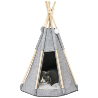 PawHut Tipi Zelt für Haustiere Teepee Katze oder Hund dickes Kissen 2 Pompons inklusive Holzstruktur aus Kiefer Filz Plüsch grau(m-1)
