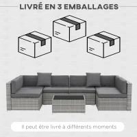 Outsunny Set Salotto da Giardino da 7 Pezzi Modulari, Tavolino con Piano in Vetro Temperato, Cuscini Sfoderabili Inclusi, Grigio(m-3)