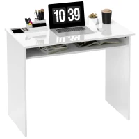 HOMCOM 90 x 50cm Computer Table, Modern Home Office Desk, Small Writing Desk with Storage Shelf, High Gloss White(m-11)