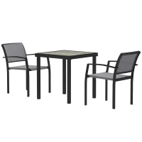 Outsunny Ensemble de 3 pièces pour repas en extérieur, table en imitation bois, 2 chaises, résistant aux intempéries, cadre en acier, mobilier de terrasse, Gris(m-1)