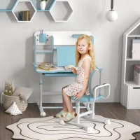 AIYAPLAY Set Bureau et Chaise pour Enfants Réglables, Banc d'École avec Plan Inclinable, Tiroir, Étagère, Bleu(m-2)