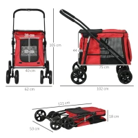 PawHut Carrito plegable para mascotas perros gatos cojín incluido ruedas con freno tela 600D Oxford 102x62x105 cm Rojo(m-3)