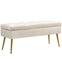 HOMCOM Banco con espacio de almacenamiento en terciopelo taburete acolchado con diseño capitonado marco de metal 102x35x43 cm Beige(m-6)