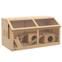 PawHut Jaula para Hámsters con Plataforma, Escaleras, Cabaña y Puente, en Madera de Abeto, 85x45x44 cm(m-1)