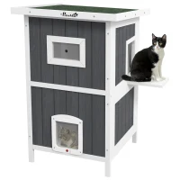 PawHut Caseta para Gatos de Exterior en Madera de 2 Niveles con Tejado de Asfalto y 4 Puertas, 60x60x90,5 cm, Gris(m-5)