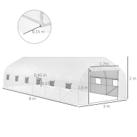 Outsunny Invernadero de jardín túnel gran tamaño con cubierta de PE marco de acero puerta enrollable y 12 ventanas 8x3x2 m Blanco(m-3)