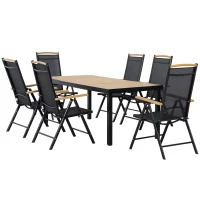 Outsunny Outdoor Gartenmöbelset 6 Personen, Aluminiumrahmen, 190 cm Tisch, 6 klappbare und verstellbare Stühle, Schwarz(m-1)
