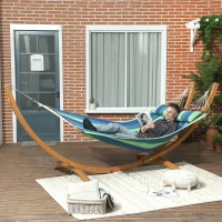 Outsunny Outdoor Hammock with Stand, Garden Hammock with Triple-Head Eucalyptus Wood Arc Frame, 1 Person Cotton Bed and Head Pillow, Freestanding Garden Swing Bed for Patio, Blue Stripe(m-2)