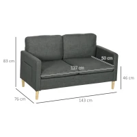 HOMCOM Sofá de 2 plazas estilo contemporáneo bolsillos en los reposabrazos patas de madera revestimiento tela aspecto lino - Gris(m-3)