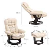 HOMCOM Relaxstoel met Voetensteun, Verstelbare Stoel, Kunstleer-Overtrek, Poltrona met Klapbare Rugleuning, Crèmewit(m-3)