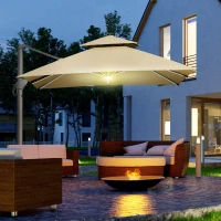 Outsunny Parasol desplazado LED cuadrado de doble techo inclinable giratorio 360° manivela base de acero 3x3x2,66 m Beige(m-5)