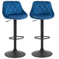 HOMCOM Set 2 Barhocker, Höhenverstellbar mit Metallsockel und Samtsitz, Moderne Barhocker mit Rückenlehne und Fußstütze, 46x48x83-104cm, Blau(m-1)