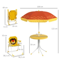 Outsunny Gartenmöbelset für Kinder, 4-teilig, Löwenmotiv mit verstellbarem Sonnenschirm Ø 100 cm, klappbarer Stuhl, Gelb(m-3)