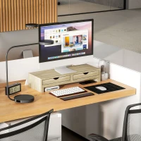 HOMCOM Rialzo per Monitor per Ufficio, Supporto per Schermo PC da 60-116 cm con 2 Cassetti, Lunghezza e Angolo Regolabili, Rovere(m-4)