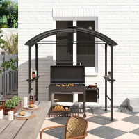 Outsunny Pavillon de barbecue, 2 tablettes latérales, Crochets, Cadre en acier, 1,1 x 2,3m, Gris foncé(m-4)