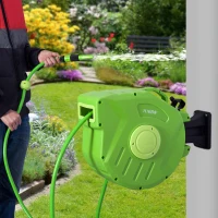 Outsunny Avvolgitubo Murale con Avvolgimento Automatico a 180°, Tubo 20 + 2 m con Pistola per l'Irrigazione, Supporto Muro Integrato, Verde(m-2)