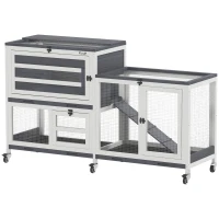 PawHut Conejera de madera de 2 pisos con ruedas, 3 bandejas, para 2-3 conejos, 147x45x89,5 cm, Gris(m-1)
