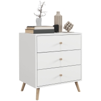 HOMCOM Comò 3 Cassetti Design Scandinavo Mobile Da Ripostiglio MDF Bianco Maniglia Piedini Effilato Legno Massello Di Pino