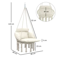 Outsunny Hängesessel mit großem weich gepolsterten Kissen Hängematte Fransen-Hängestuhl Aufhänge-Set 80 x 60 x 40 cm Creme(m-3)