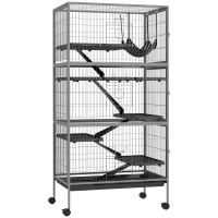 PawHut Jaula para roedores multifunción 4 plataformas 3 rampas 4 puertas 80x52x159 cm acero Grisplateado Negro