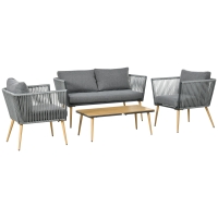 Outsunny Set da Giardino in Rattan Sintetico da 4 Posti con 1 Divano, 2 Poltrone e 1 Tavolino, 7 Cuscini Inclusi, Grigio
