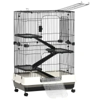 PawHut Jaula para pequeños animales rodante 3 plataformas desmontables 3 rampas bandeja inferior extraíble metal PP 81,2x52,7x114 cm(m-7)