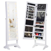 HOMCOM Schmuckschrank Schmuckkoffer Verstellbarer Spiegel 20 LED-Lichter, Holz, Weiß, 40x37x146 cm(m-1)