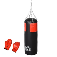 HOMCOM Set de sac de boxe Ensemble avec gants de boxe rempli pour adultes adolescents Accroché Sac de boxe lourd 16 KG Ø30 x 120 cm Noir+Rouge(m-6)
