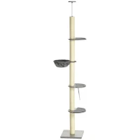 PawHut Rascador para Gatos con Hamaca, incl. Dispositivo de Techo, de Techo Alto, 40x40x250 cm, Gris+ Blanco Crema(m-7)
