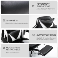 Vinsetto Sedia da Gaming Ergonomica, Sedia da Ufficio Confortevole con Poggiapiedi, Poggiatesta e Cuscino Lombare, Altezza Regolabile, Nero e Bianco(m-3)