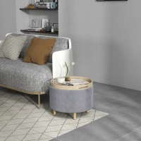 HOMCOM Pouf de Rangement Velouté jusqu'à 120 kg avec Plateau Réversible, en MDF et Chêne, 56x56x42 cm, Gris(m-2)