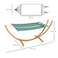 Outsunny Outdoor Hammock with Stand, Garden Hammock with Triple-Head Eucalyptus Wood Arc Frame, 1 Person Cotton Bed and Head Pillow, Freestanding Garden Swing Bed for Patio, Blue Stripe(m-3)