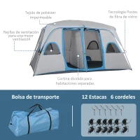 Outsunny Tente de Camping pour 4-8 Personnes avec 2 Chambres 2 Poches et Fenêtres en Filet Imperméable 400x275x210 cm Gris(m-4)