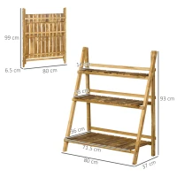 Outsunny Suport pentru Plante Pliabil, Jardinieră cu 3 Niveluri, Raft de Exterior pentru Plante, 80x37x93 cm, Lemn Natural(m-3)