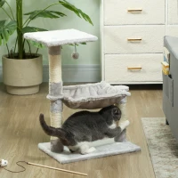 PawHut Katzenbaum 3 Kratzbäume Kratzmatten Natur-Sisal Plattform Hammock und hängendes Spielset 50 x 26 x 70 cm Kurzplüsch Hellgrau(m-2)